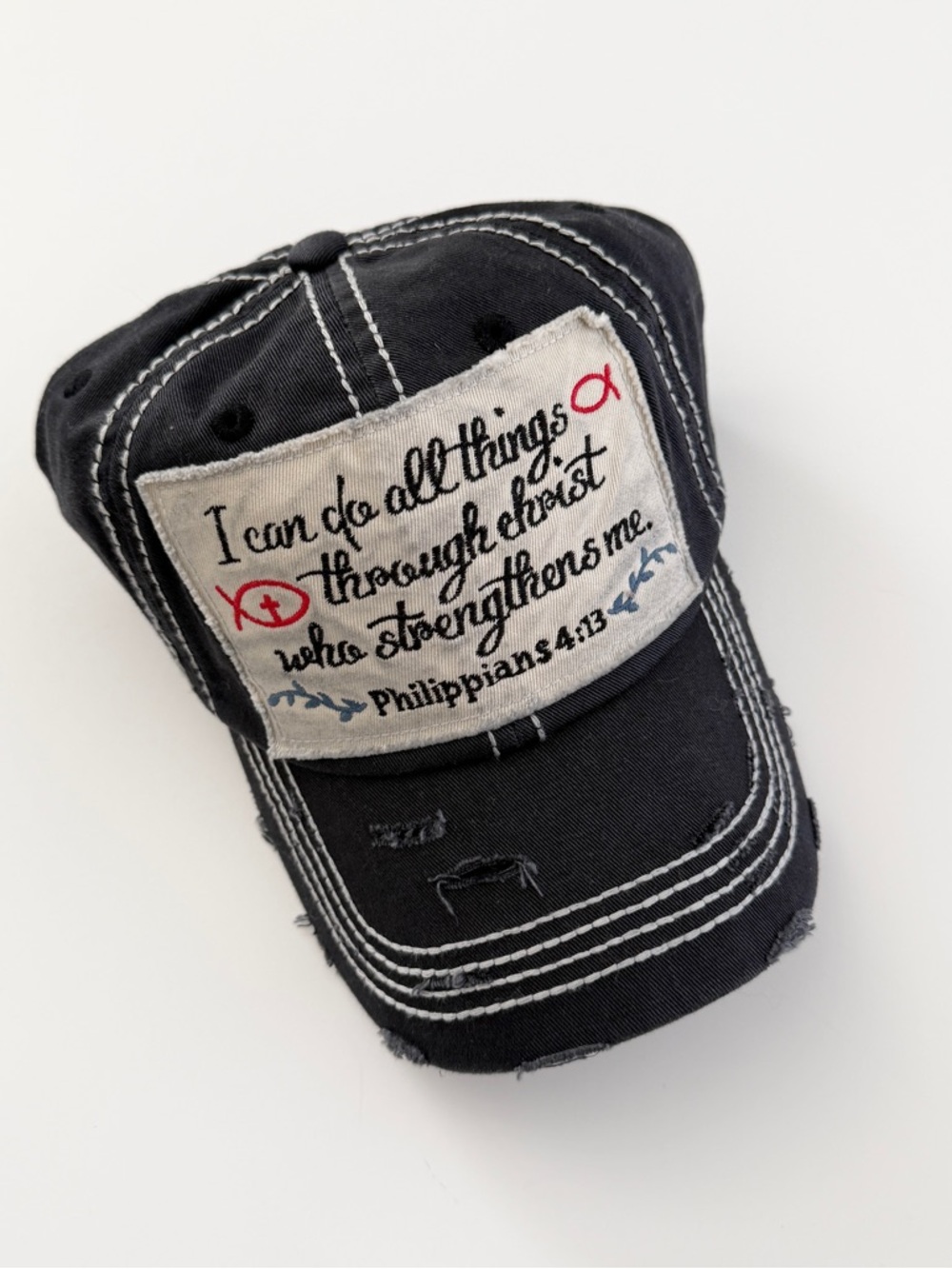 Baseball Cap Hat with Philippians 4:13 Bible Verse Black - One Size